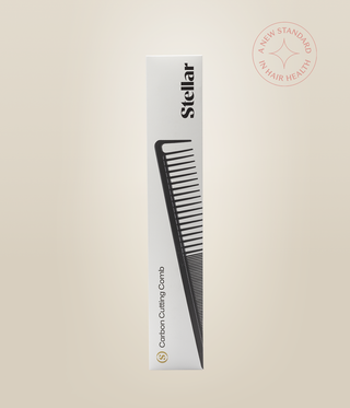 White Stellar Carbon Cutting Comb packaging with a picture of the comb.